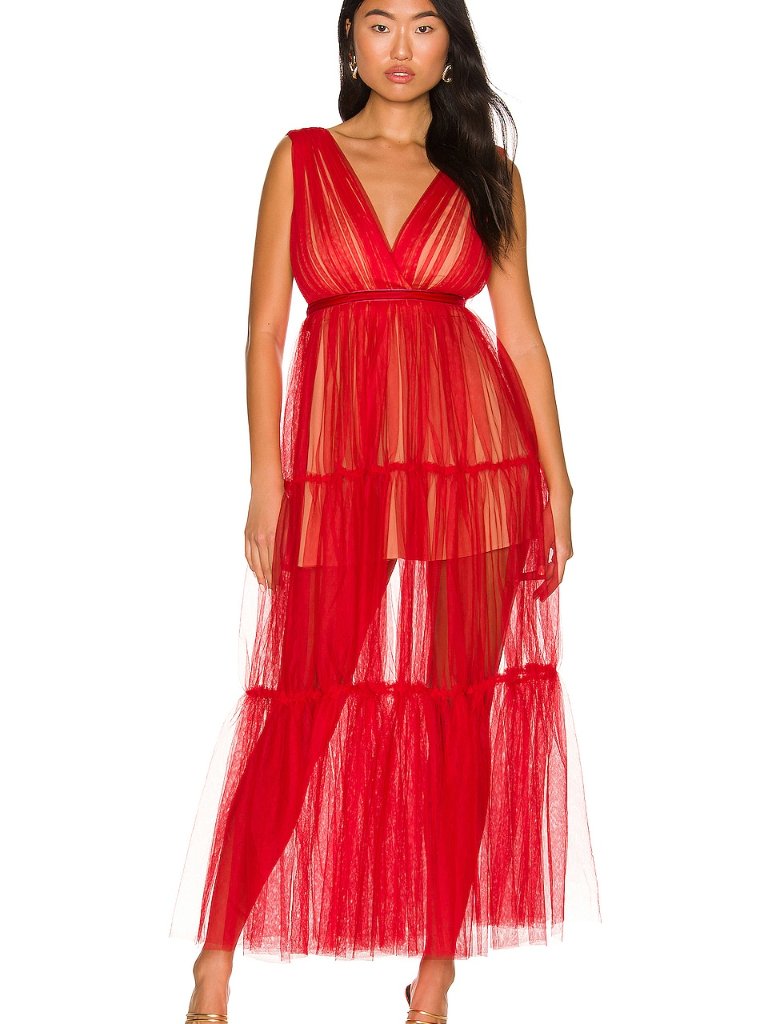"Chloe Tulle Dress" Sheer Red Tiered V-Neck & Back Maxi Dress